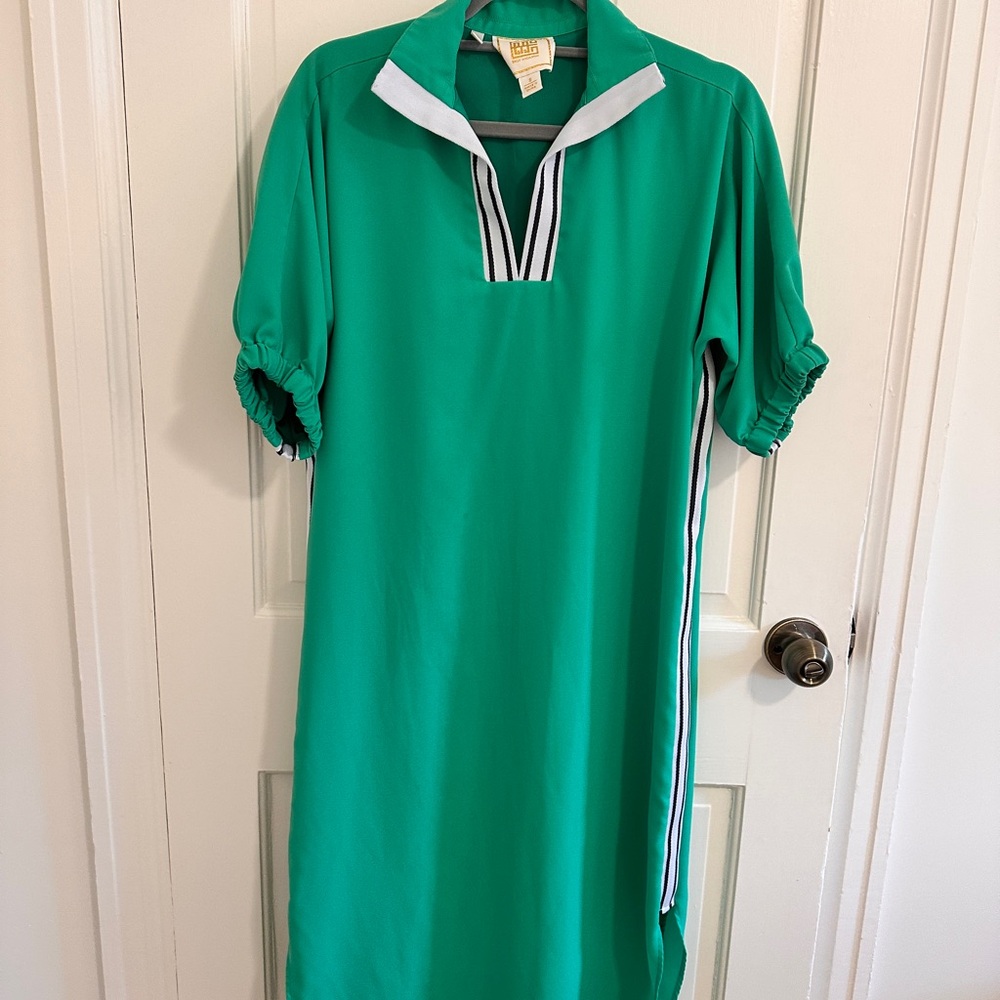 Emily McCarthy Emerald Green Collared Midi Dress with Stripe Trim